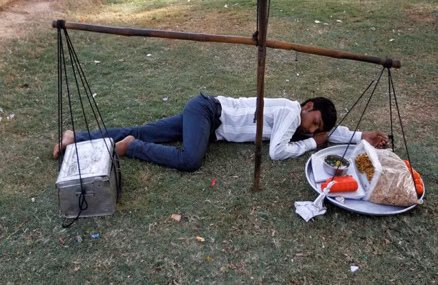 Thanh niên bán hàng rong ngủ trên bãi cỏ, dưới bóng râm tại thành phố Ahmadabad, bang Gujarat. Mức nhiệt cao khiến nhiều người say nắng, thiếu nước, tiêu chảy. Vì thế mà mọi bệnh viện trong thành phố đều quá tải. Ảnh: Daily Mail 1