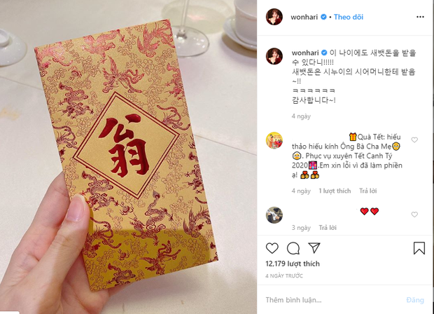 Hari Won nhận được lì xì từ mẹ chồng. Cô chia sẻ ảnh trên trang cá nhân. Những năm gần đây, Hari Won thường đón Tết ở Việt Nam. Minh Hang khoe tien mung Tet, Phan Manh Quynh li xi ban gai 123 trieu hinh anh 3 hariwon_15800500559571939215568.png