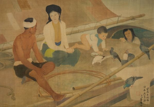 Bức Le Pécheur et Sa Famille (Gia đình ngư dân) lụa, 67cm x 110cm, 1940) của Lương Xuân Nhị Bức Le Pécheur et Sa Famille (Gia đình ngư dân) lụa, 67cm x 110cm, 1940) của Lương Xuân Nhị