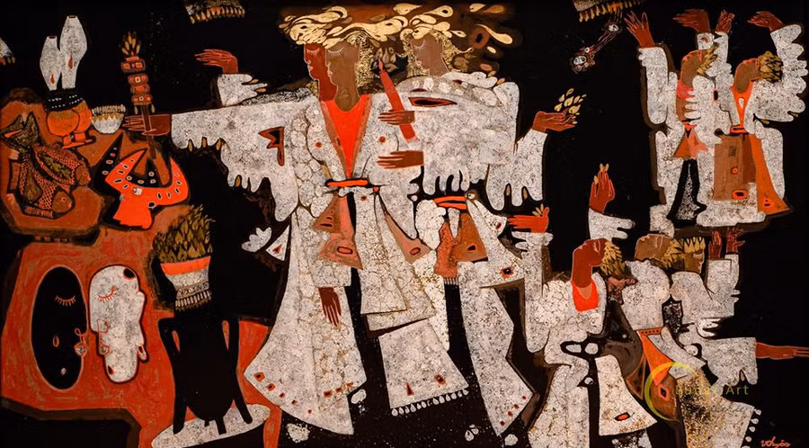 Tác phẩm 'Thả đèn gió', sơn mài. Tranh Nguyễn Văn Chuyên.