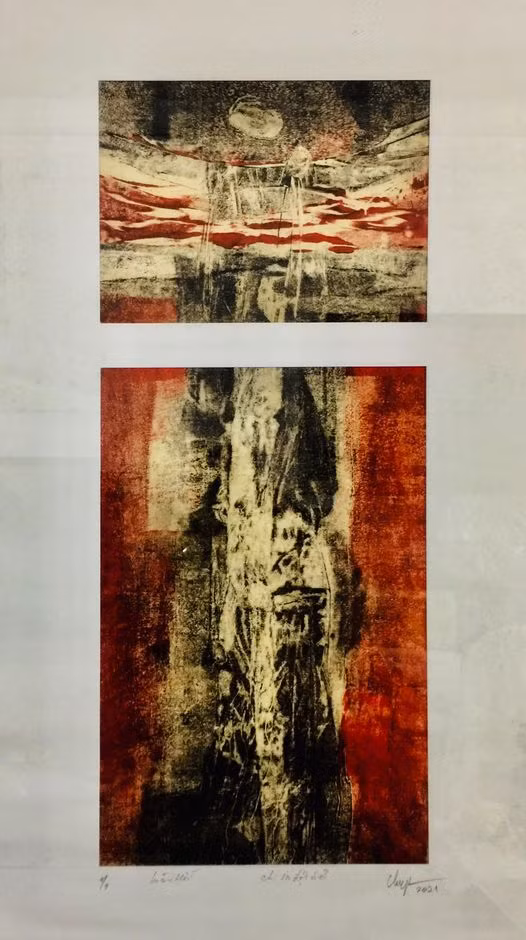 Tác phẩm 'Luân hồi', đồ họa độc bản. Tranh Nguyễn Văn Chuyên.