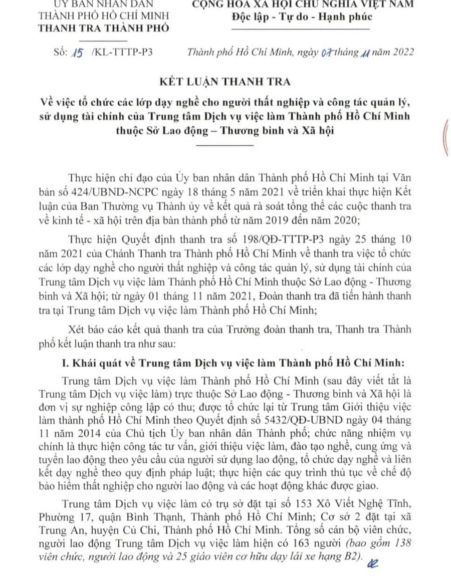 Một phần kết luận của Thanh tra TPHCM. Một phần kết luận của Thanh tra TPHCM.