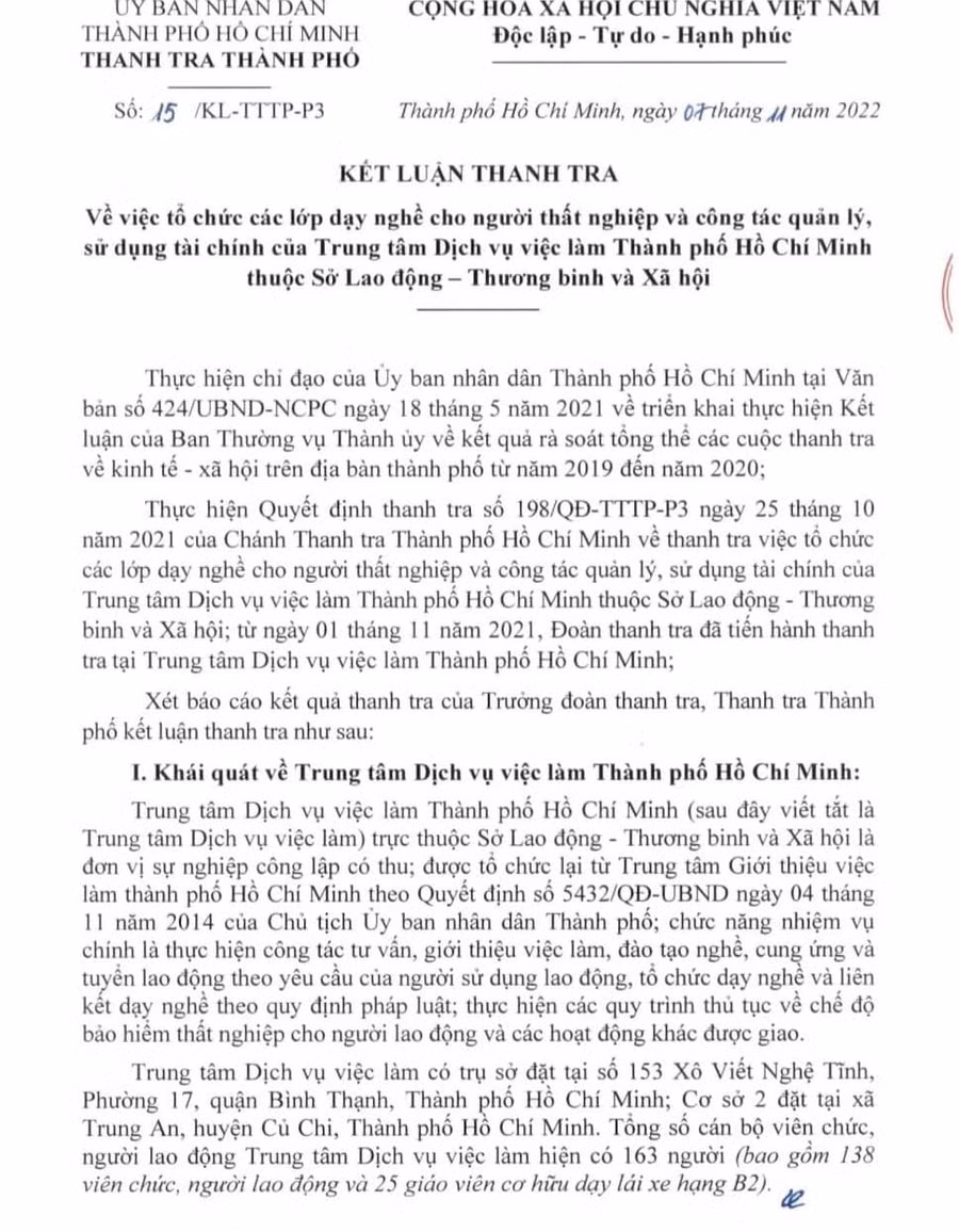 Một phần kết luận của Thanh tra TPHCM.