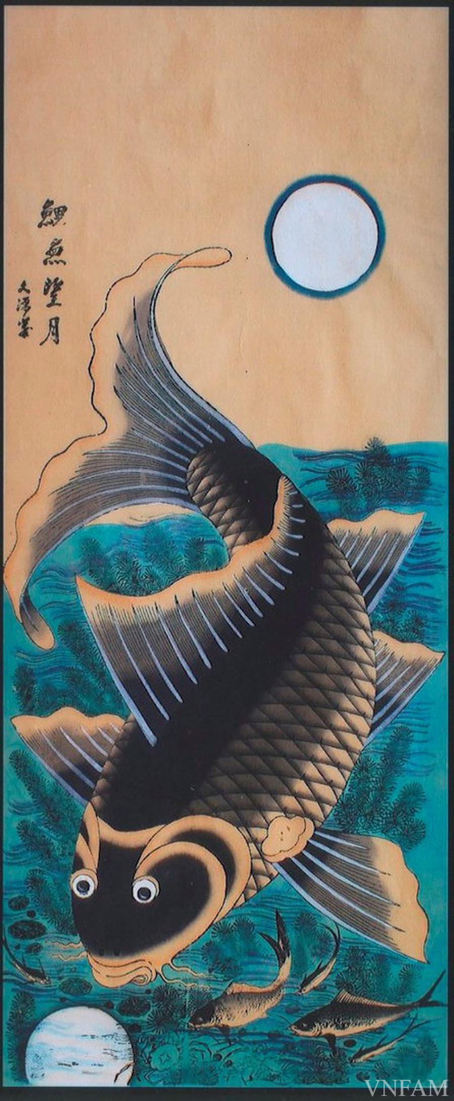 'Lý ngư vọng nguyệt' - Tranh Hàng Trống. 'Lý ngư vọng nguyệt' - Tranh Hàng Trống.