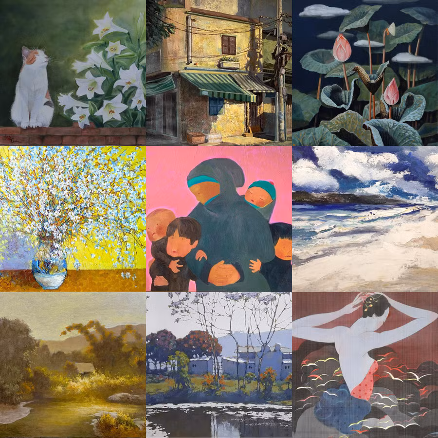 Một số tác phẩm trong triển lãm gom kinh phí xây nhà cho người nghèo.