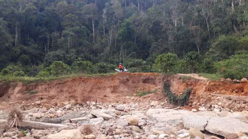 Đường bị đánh sập, người dân phải đi nhờ vào rẫy cà phê.