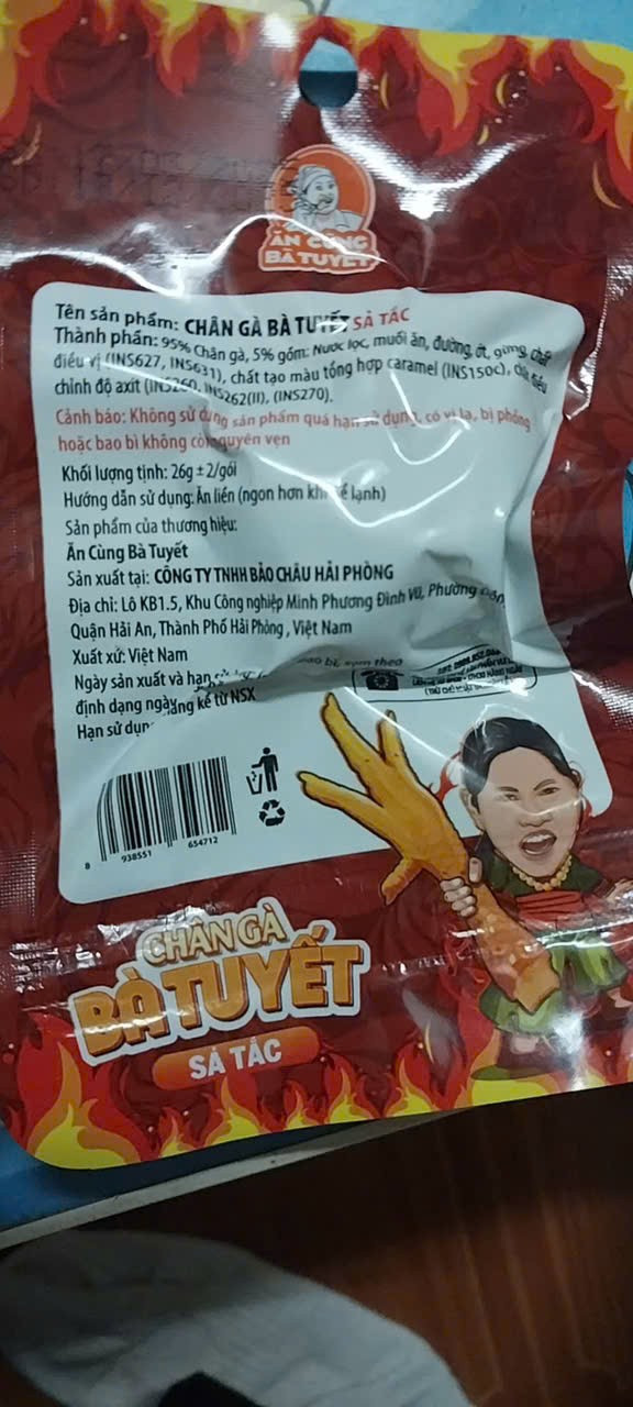 Chân gà sả tắc bà Tuyết được sản xuất bởi Công ty TNHH Bảo Châu, Hải Phòng, có địa chỉ tại KB1.5, Đình Vũ, Đông Hải (quận Hải An, Hải Phòng). z6734225769385-99fd2ae265765074349fe193074d7309.jpg