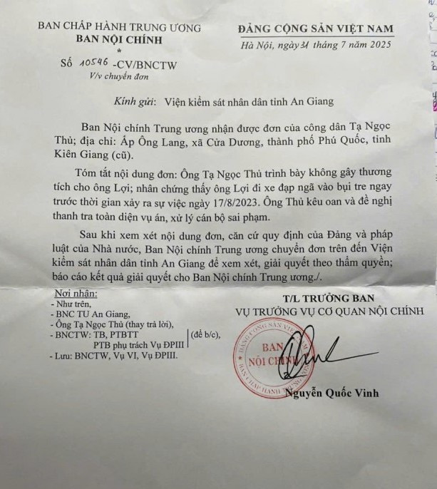 Ban Nội chính Trung ương chuyển đơn đến VKSND tỉnh An Giang xem xét giải quyết đơn của bị cáo Thủ. 11120250904065344.jpg