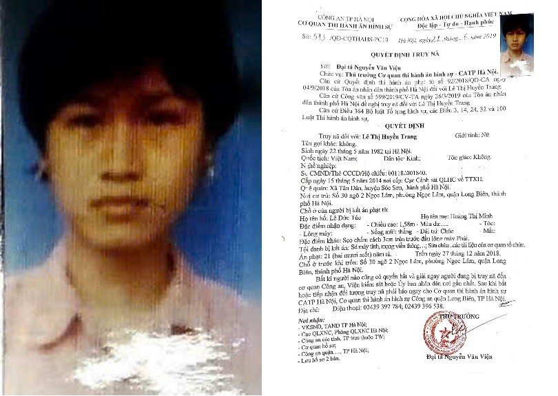 Lê Thị Huyền Trang bị truy nã do trốn thi hành án. 24-2907.jpg