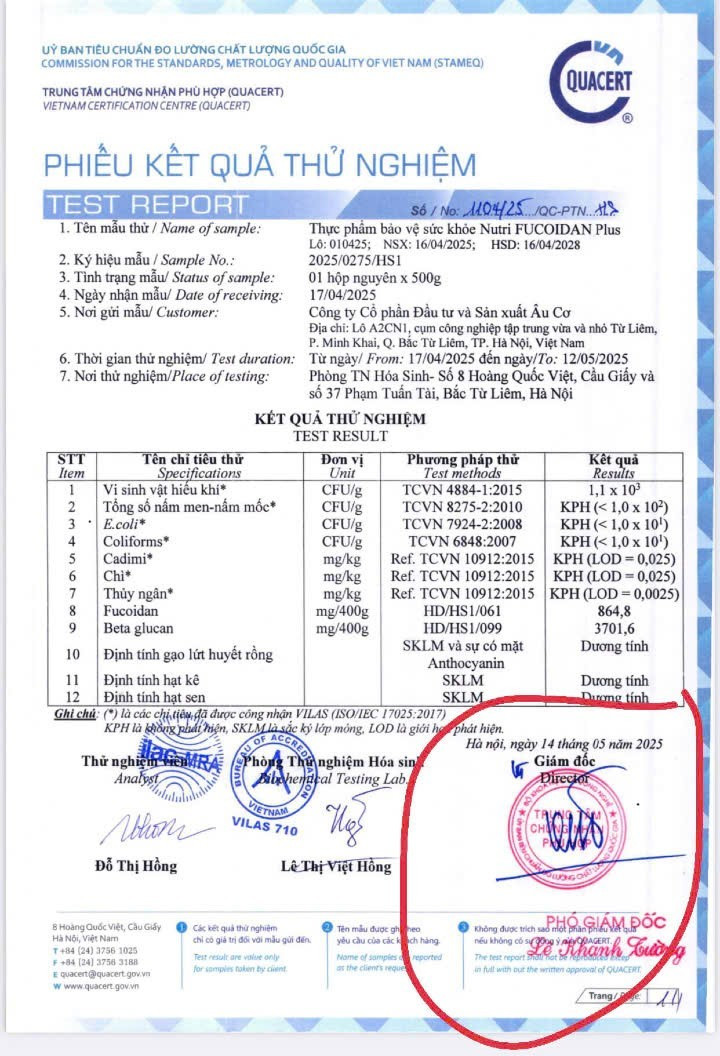 Phiếu kiểm nghiệm sản phẩm Thực phẩm bảo vệ sức khỏe Nutri Fucoidan Plus do Trung Tâm Chứng Nhận Phù Hợp cấp - (Ảnh: Nhân viên bán hàng cung cấp). z6622071870008-9b29e58d34004139a2f5a16f58226840.jpg
