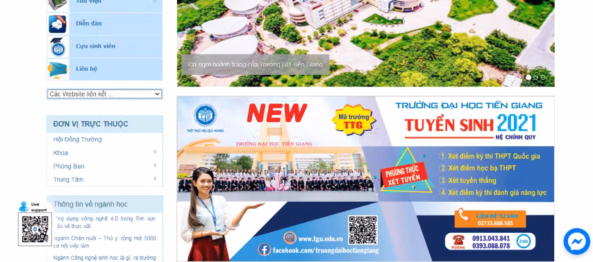 Trường ĐH Tiền Giang đẩy mạnh tư vấn trực tuyến trên website. Ảnh: Cắt từ website của trường