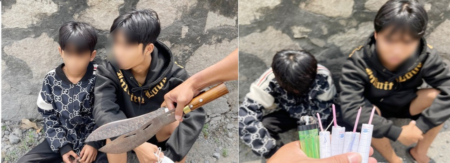 Nhóm thanh thiếu niên cùng tang vật. (Ảnh: Tiến Tầm)