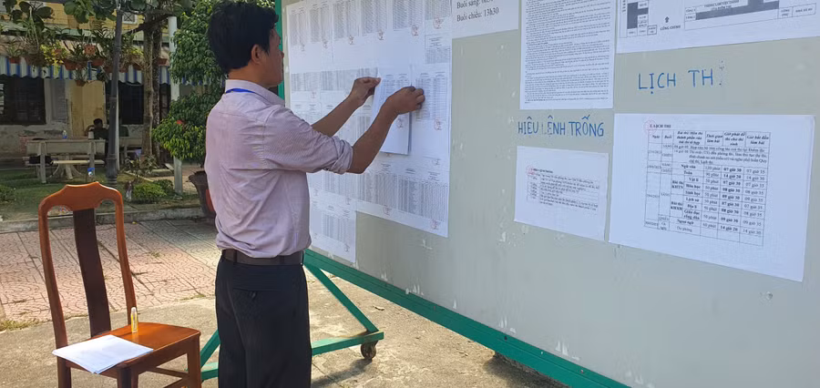 Điểm thi Trường THPT Phạm Phú Thứ dán lại danh sách thí sinh các phòng thi chuẩn bị cho môn thi Ngoại ngữ.