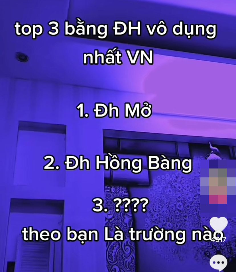 Một video liệt kê các trường có bằng đại học vô dụng nhất Việt Nam. Ảnh: Chụp màn hình TikTok