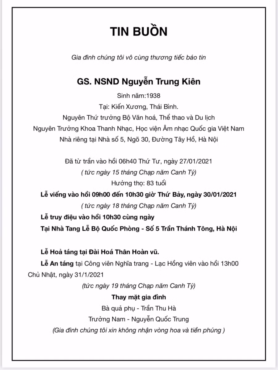 Cáo phó do gia đình NSND Trung Kiên công bố.