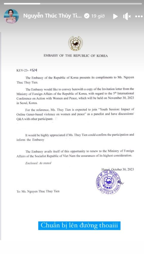 Thùy Tiên bày tỏ niềm háo hức khi chuẩn bị lên đường tham dự Hội nghị Quốc tế lần thứ 5 tại Hàn Quốc.
