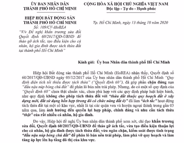 Văn bản HoREA gửi UBND TPHCM.