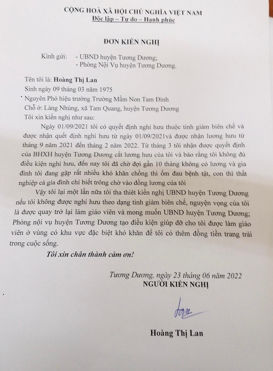 Đơn trình bày của bà Hoàng Thị Lan, nguyên Phó Hiệu trưởng Trường Mầm non Tam Đình, huyện Tương Dương, Nghệ An. Đơn trình bày của bà Hoàng Thị Lan, nguyên Phó Hiệu trưởng Trường Mầm non Tam Đình, huyện Tương Dương, Nghệ An.