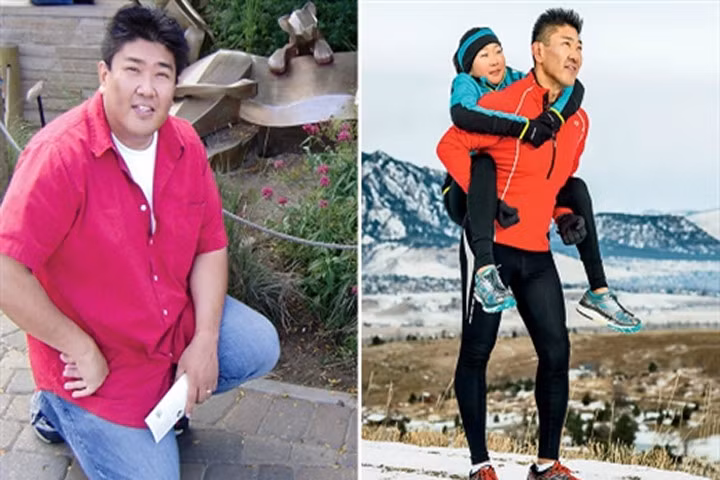 Anh Yusuke Kirimoto lúc nặng tới 122kg và hiện tại. Cuối tuần, anh thường chạy bộ cùng cô con gái 10 tuổi. Ảnh: Menshealth.