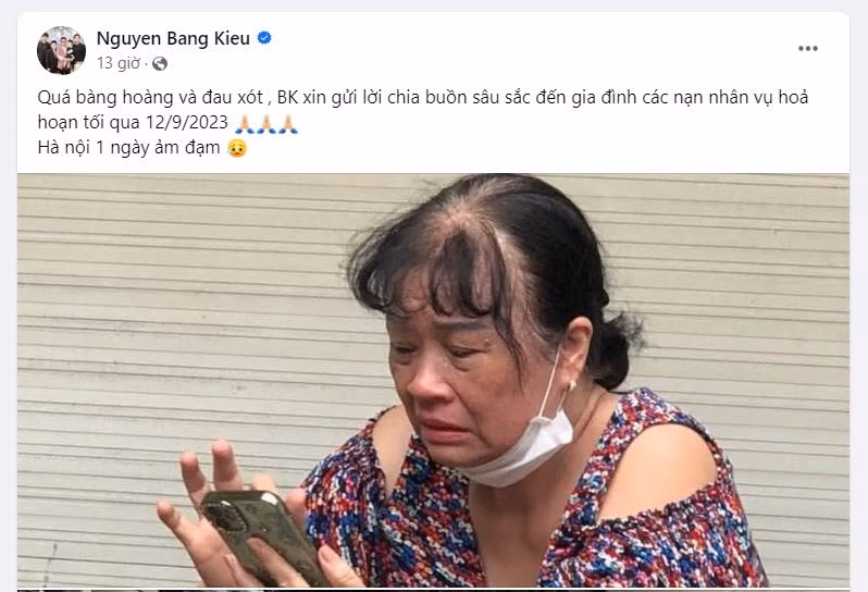 Nam ca sĩ Bằng Kiều bày tỏ sự bàng hoàng và đau xót. Anh xin gửi lời chia buồn sâu sắc đến gia đình các nạn nhân vụ hoả hoạn tối qua 12/9/2023.