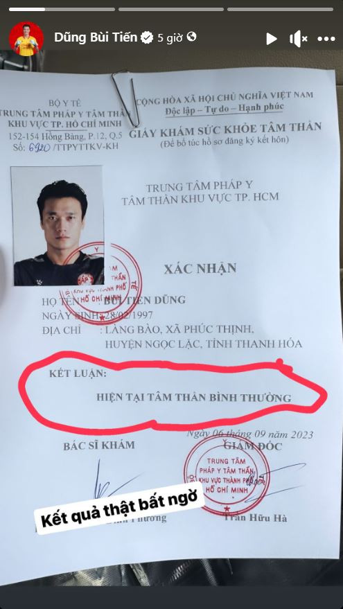 Thủ môn Bùi Tiến Dũng chia sẻ kết quả khám sức khỏe tâm thần của mình. Thủ môn Bùi Tiến Dũng chia sẻ kết quả khám sức khỏe tâm thần của mình.