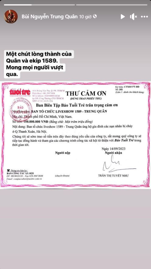 Ca sĩ Trung Quân idol ủng hộ 100 triệu đồng hỗ trợ các nạn nhân trong vụ cháy. Ca sĩ Trung Quân idol ủng hộ 100 triệu đồng hỗ trợ các nạn nhân trong vụ cháy.