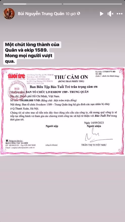 Ca sĩ Trung Quân idol ủng hộ 100 triệu đồng hỗ trợ các nạn nhân trong vụ cháy.