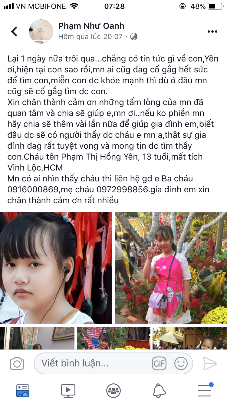 Người thân đăng tin nhờ cộng đồng mạng tìm giúp em Yên