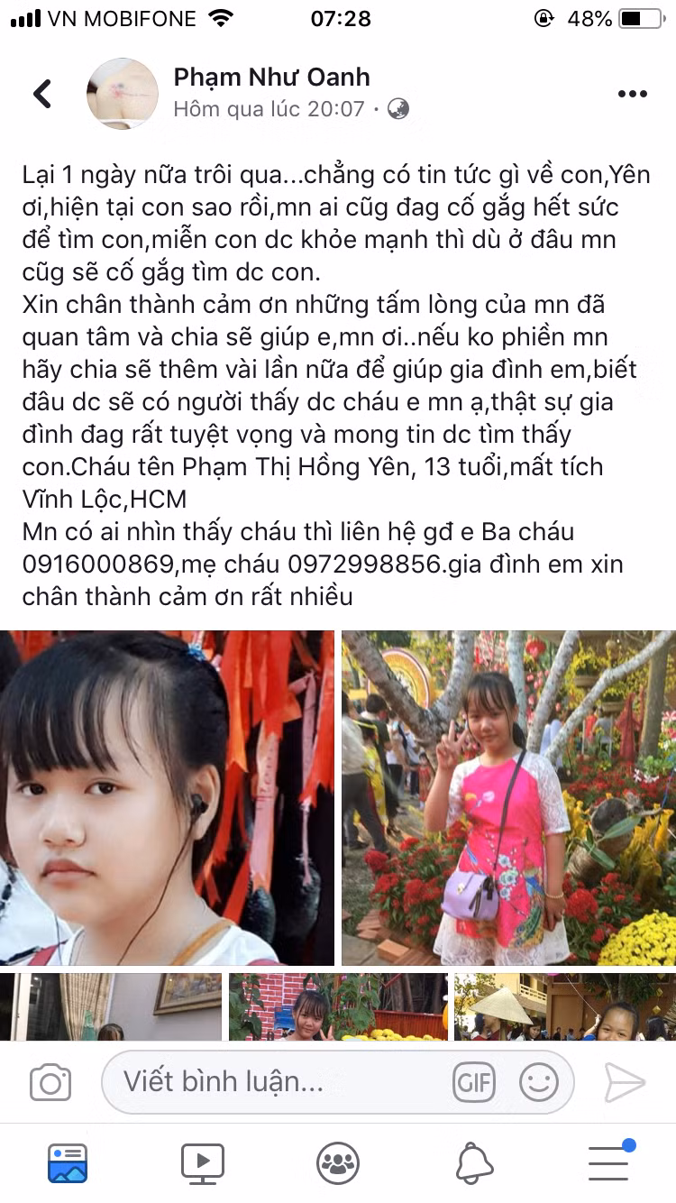 Người thân đăng tin nhờ cộng đồng mạng tìm giúp em Yên