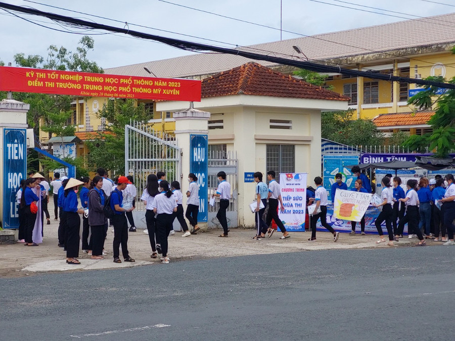 Thí sinh tại điểm thi Trường THPT Mỹ Xuyên (huyện Mỹ Xuyên, Sóc Trăng) chiều 28/6. Thí sinh tại điểm thi Trường THPT Mỹ Xuyên (huyện Mỹ Xuyên, Sóc Trăng) chiều 28/6.