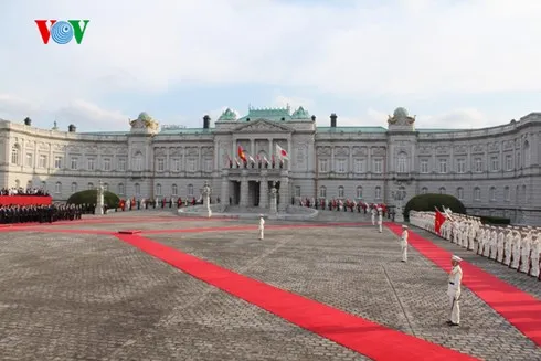 Toàn cảnh Lễ đón chính thức Tổng Bí thư Nguyễn Phú Trọng tại Nhà khách Chính phủ.