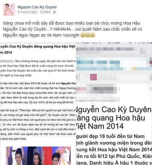 MC Kỳ Duyên ngỡ ngàng vì bị gọi tên khắp nơi, Tân Hoa hậu đóng Facebook 1 MC Kỳ Duyên ngỡ ngàng vì bị gọi tên khắp nơi, Tân Hoa hậu đóng Facebook 1