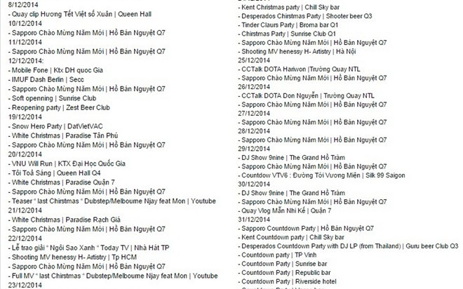Lịch 50 show diễn của DJ Wang Trần trong tháng 12/2014. Ảnh chụp màn hình.