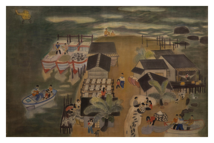 Xóm biển Phú Quốc - Tranh lụa của Đỗ Sơn - 1980. Xóm biển Phú Quốc - Tranh lụa của Đỗ Sơn - 1980.