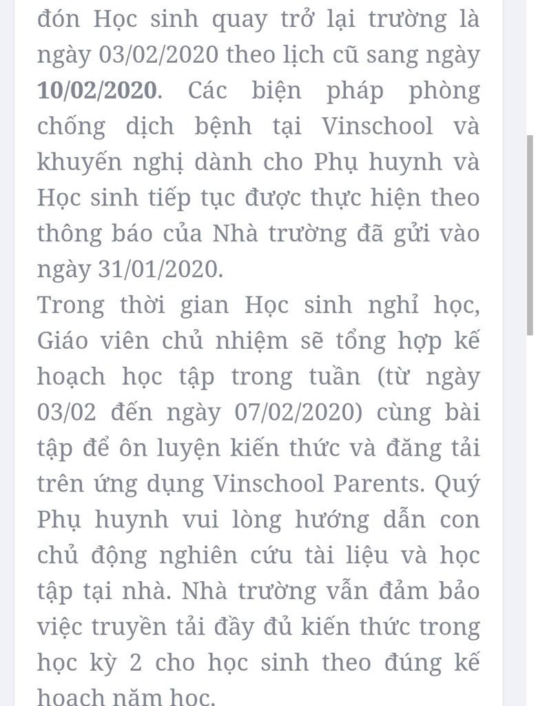 Thông tin nhà trường gửi phụ huynh có con đang học tại Vinschool (quận Bình Thạnh). Ảnh chụp màn hình Thông tin nhà trường gửi phụ huynh có con đang học tại Vinschool (quận Bình Thạnh). Ảnh chụp màn hình