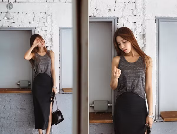 Tanktop mix với chân váy bút chì xẻ tà tạo nên vẻ nữ tính.