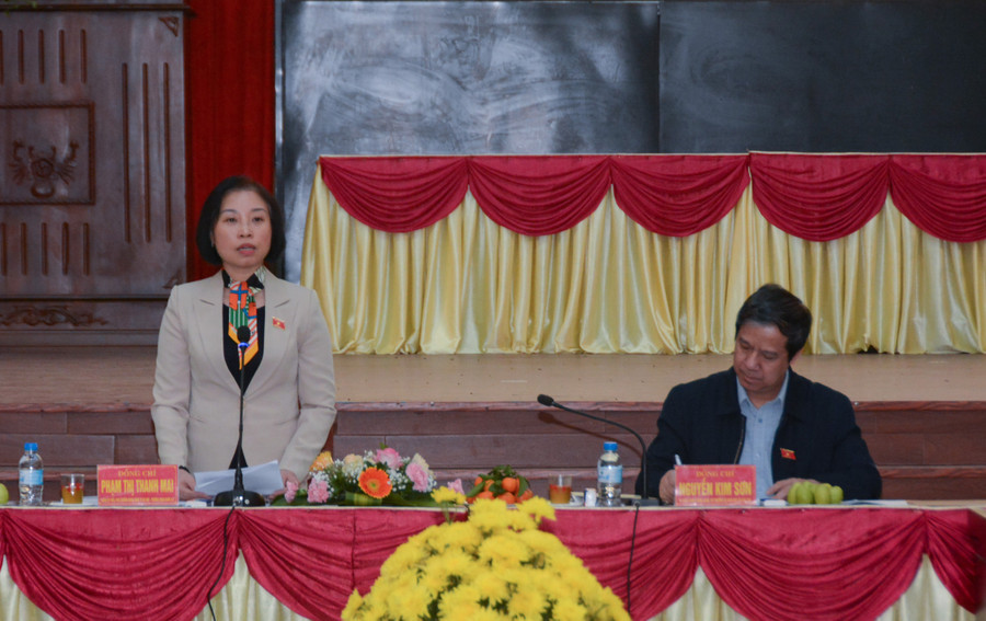 Bà Phạm Thị Thanh Mai, Thành ủy viên, Phó Trưởng đoàn ĐBQH chuyên trách thành phố Hà Nội phát biểu.