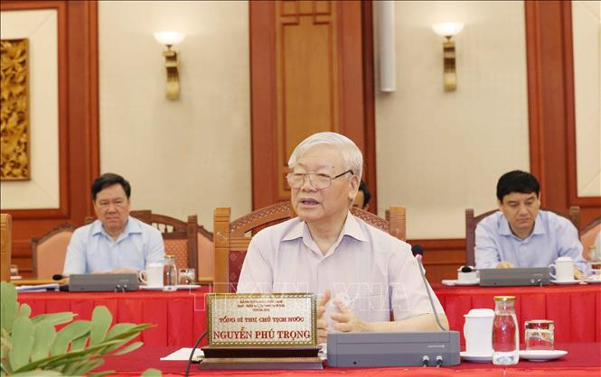 Tổng Bí thư, Chủ tịch nước Nguyễn Phú Trọng chủ trì buổi làm việc của tập thể Bộ Chính trị với Ban Thường vụ Đảng ủy Công an Trung ương. Ảnh: TTXVN.