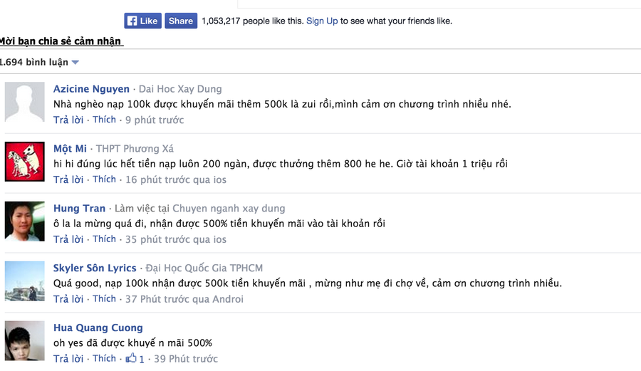 Trang web lừa đảo, tích hợp các mục bình luận với chủ ý tạo lòng tin cho người dùng