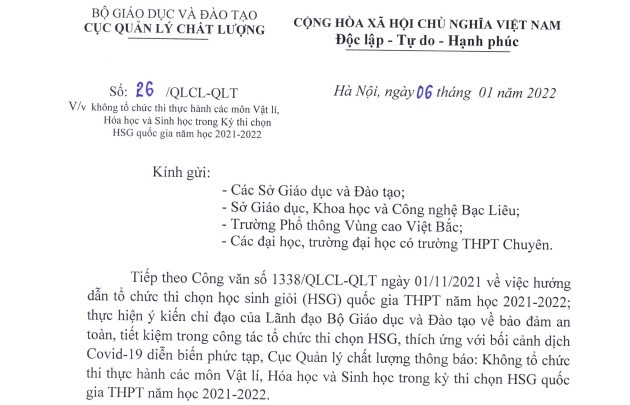  3 môn không có phần thi thực hành trong kỳ thi học sinh giỏi quốc gia THPT