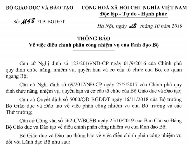 Điều chỉnh phân công nhiệm vụ của lãnh đạo Bộ GD&ĐT