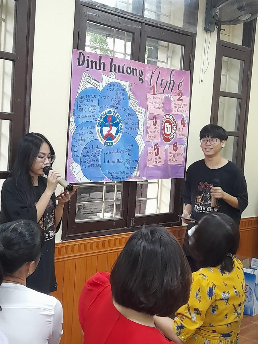 Các em học sinh hào hứng chia sẻ với cha mẹ về nghề tương lại mình lựa chọn.