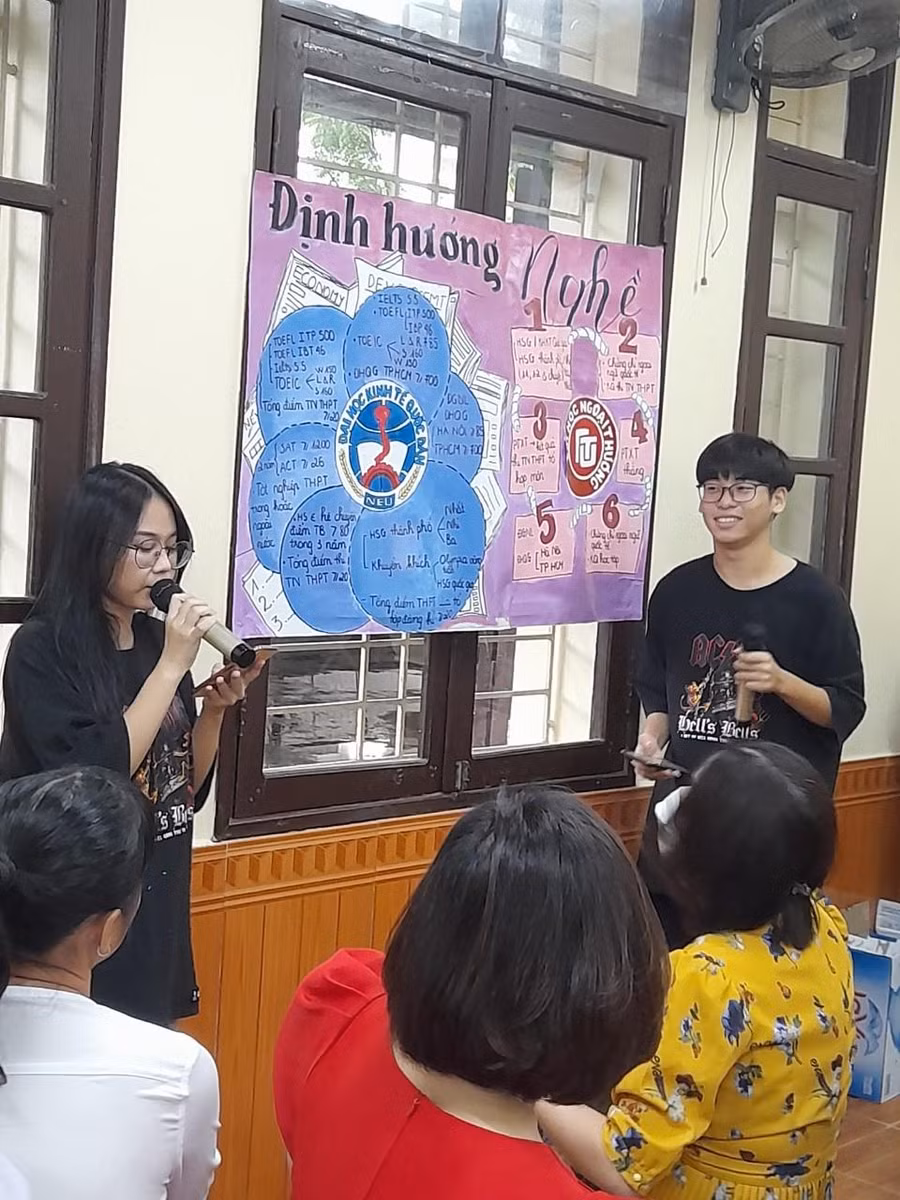 Các em học sinh hào hứng chia sẻ với cha mẹ về nghề tương lại mình lựa chọn.