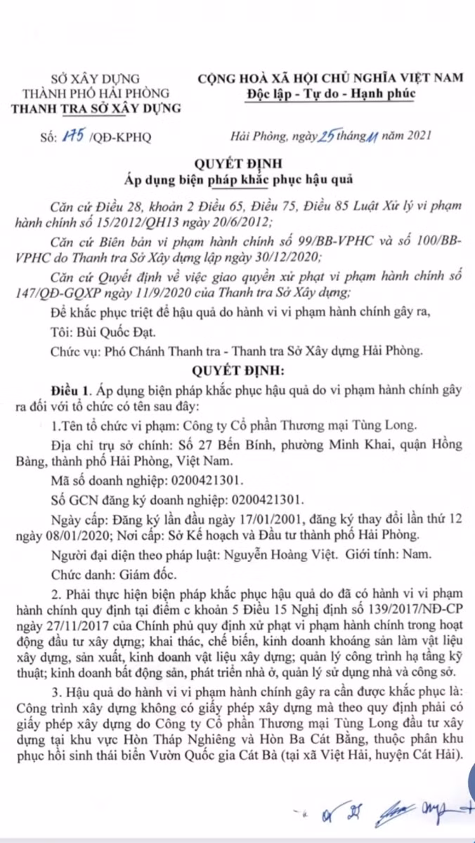 Quyết định 175 /QĐ-KPHP ngày 25/11/2021 của Chánh thanh Tra Sở Xây dựng là đối tượng khởi kiện trong vụ án hành chính.