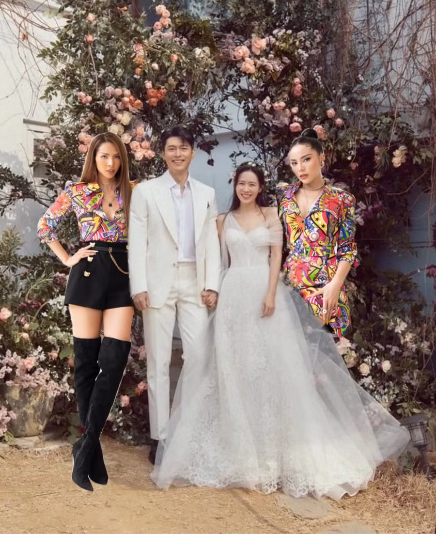 Hoa hậu Nguyễn Cao Kỳ Duyên cũng bắt trend ghép hình mình cùng cô bạn thân Minh Triệu đứng cạnh cặp đôi Hyun Bin và Son Ye Jin cùng dòng chú thích vô cùng hài hước: “Sáng giờ bận bay sang Hàn dự lễ cưới của hai anh chị yêu”.