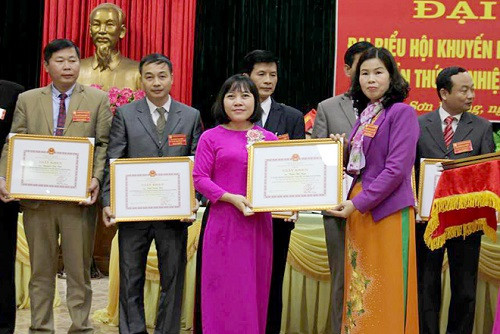 Lãnh đạo UBND huyện Sơn Dương tặng Giấy khen cho cô giáo Trần Thị Nga có thành tích trong các cuộc thi sáng tạo Khoa học.