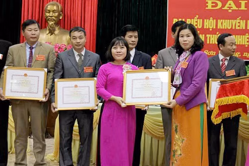 Lãnh đạo UBND huyện Sơn Dương tặng Giấy khen cho cô giáo Trần Thị Nga có thành tích trong các cuộc thi sáng tạo Khoa học.