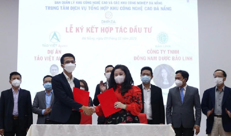 Ký kết hợp tác giữa đại diện dự án Tảo Việt AlgaeVi với doanh nghiệp để phát triển sản phẩm ra thị trường. 