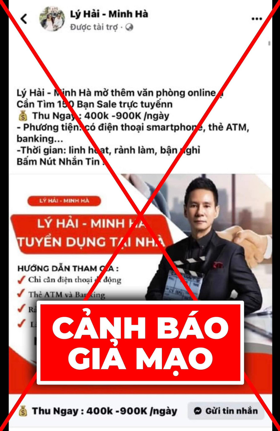 Trang giả mạo Lý Hải - Minh Hà để đăng tin lừa dối người khác. Trang giả mạo Lý Hải - Minh Hà để đăng tin lừa dối người khác.