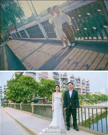 Wang và Xixi chụp ảnh cưới trên cây cầu nơi hai người từng nắm tay nhau thủa nhỏ. Ảnh: Weibo. anh-4-8949-1408961703.jpg